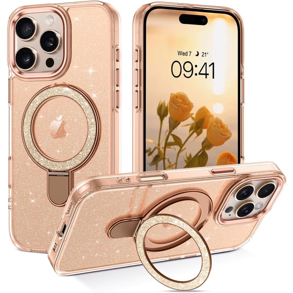 MKEUDQ-Magnetic Case for iPhone 16 Pro Max with Stand [Compatible with Mag Safe], Glitter Translucent Slim Shockproof Protective Soft Cover with Bling Kickstand for Women Girl - Desert Titanium Gold