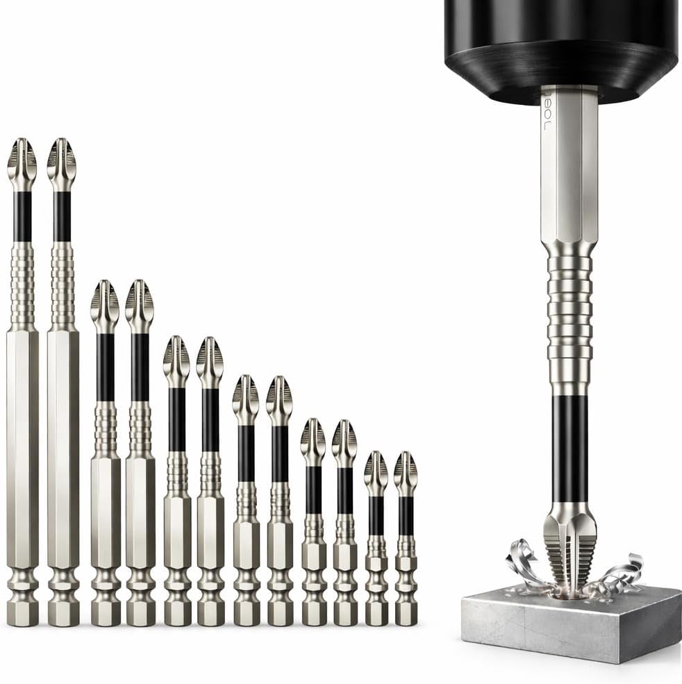 MKEUDQ-Magnetic Screwdriver Bit Set for Impact Driver & Drill, 12PCS Impact Resistant Driver Bits, Non-Slip Magnetic Bits with 1/4" Hex Shank, 25–150mm Extended Length Drill Driver Bit Set