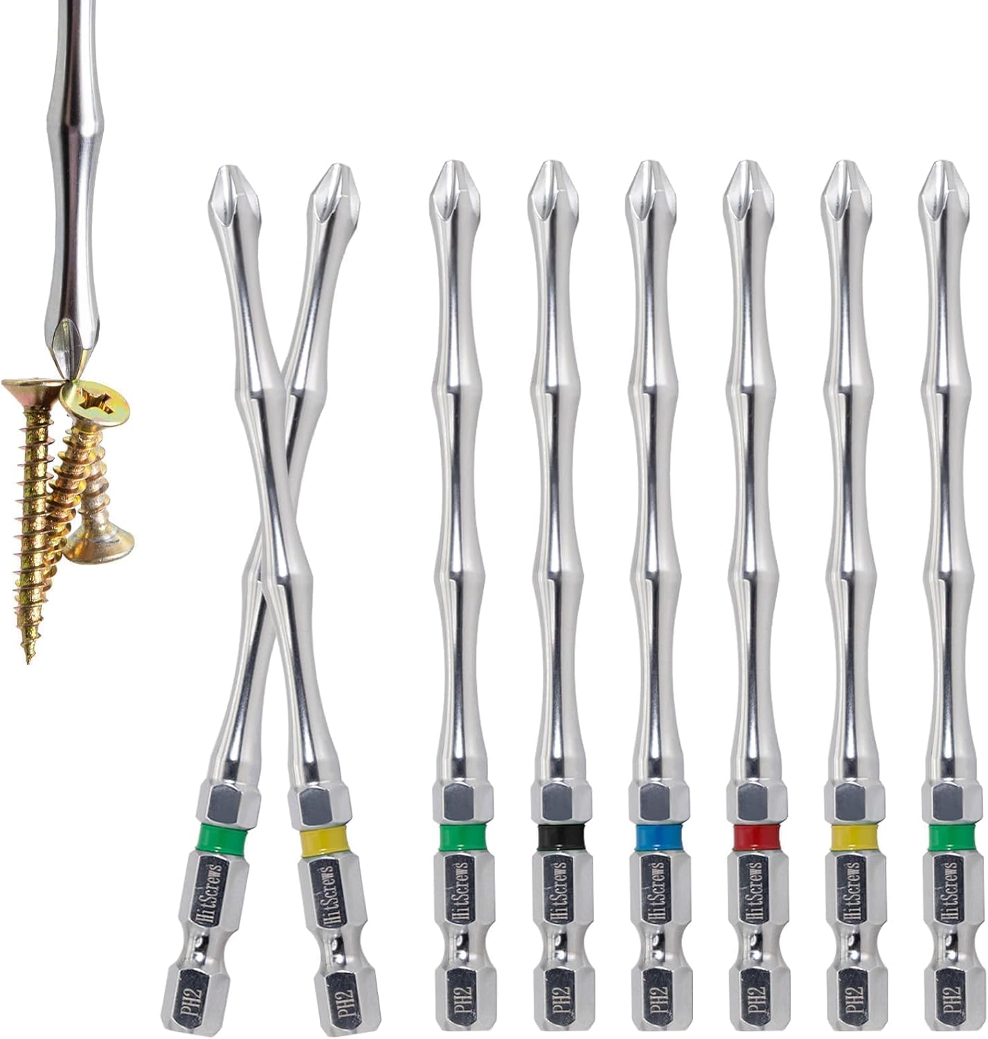 MKEUDQ-Magnetic Screwdriver Bits PH2#2 (S2 Steel, White Chrome, 4 Inch Long, CNC Phillips Tip) \u2013 Impact Driver Bits for Cabinets, Drywall, Hard-to-Reach Areas \u2013 10 PCS