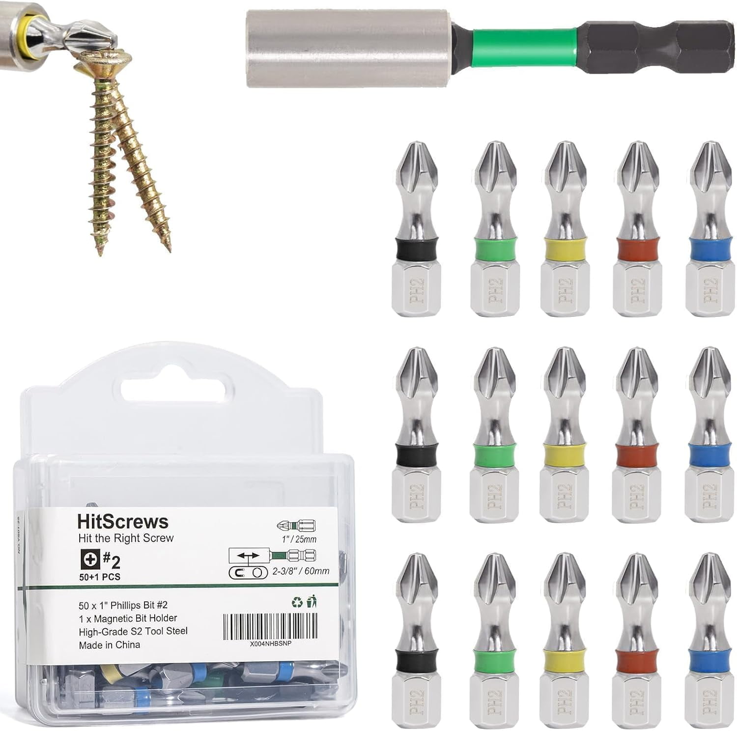 MKEUDQ-Magnetic Screwdriver Bits PH2#2 Set \u2013 50 pcs S2 Steel 1" Phillips Bits + Magnetic Bit Holder | Impact Driver Bits for Wood, Cabinets, Repairs \u2013 51 Pack