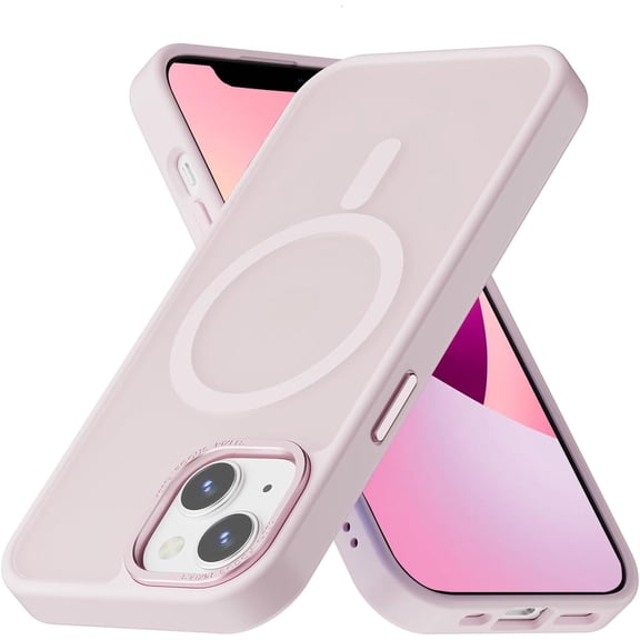 MKEUDQ-Magnetic for iPhone 13 & iPhone 14 Case [Metal Camera Frame&Buttons] [Mil-Grade Drop Protection] Shockproof Slim Translucent Matte Protective Phone Case, Pink