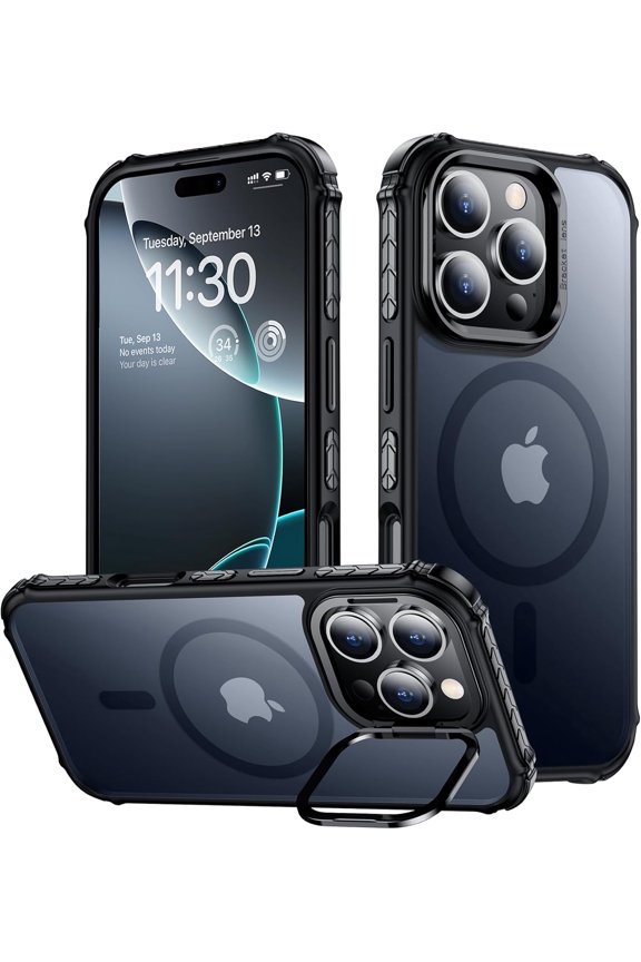 -Magnetic for iPhone 16 Pro Case, Camera Protector Built-in Stash Stand [12FT Military Grade Shockproof] Anti-Scratched Durable Slim Translucent Back Cover for iPhone 16 Pro 6.3, Black