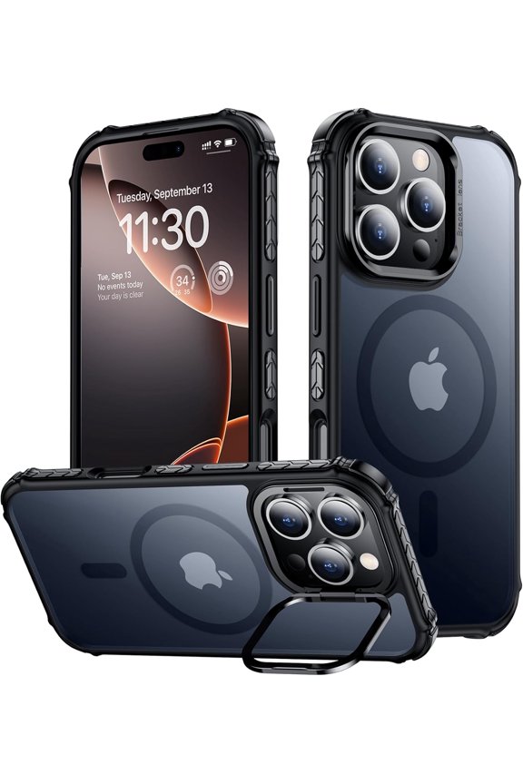 -Magnetic for iPhone 16 Pro Max Case, 12FT Military-Grade Shockproof Protective Case for iPhone 16 Pro Max, Built-in Stash Stand Phone Case, Scratch-Resistant Durable Back Cover, Black