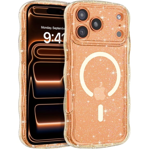 MKEUDQ-Magnetic for iPhone 17 Pro Max Case,Clear Glitter [Curly Wave Edge][Compatible with MagSafe] Slim Sparkly Shockproof Cute Women Girl Protective Case for iPhone 17 Pro Max 6.9",Desert Titanium