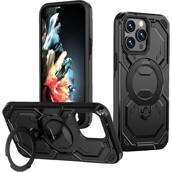 MKEUDQ-Military Grade Shell Warrior for iPhone 14 Pro Max Case with Ring Stand 360Rotatable, Compatible with MagSafe, Shockproof Military Grade Protection, Magnetic Kickstand Phone Case (Frosted Bla