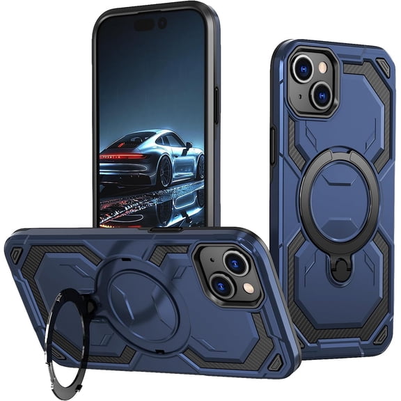 MKEUDQ-Military Grade Shell Warrior for iPhone 15 plus/14 Plus Case with Ring Stand 360Rotatable, Compatible with MagSafe, Shockproof Military Grade Protection, Magnetic Kickstand Phone Case (Froste