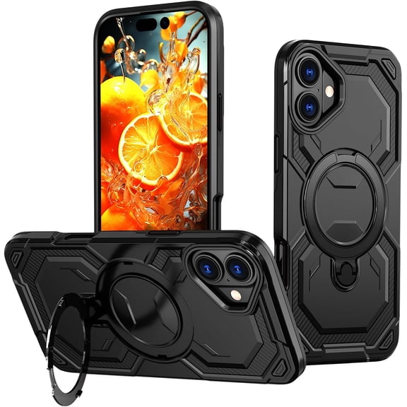 MKEUDQ-Military Grade Shell Warrior for iPhone 16 Case with Ring Stand 360Rotatable, Compatible with MagSafe, Shockproof Military Grade Protection, Magnetic Kickstand Phone Case (Frosted Black, iPho