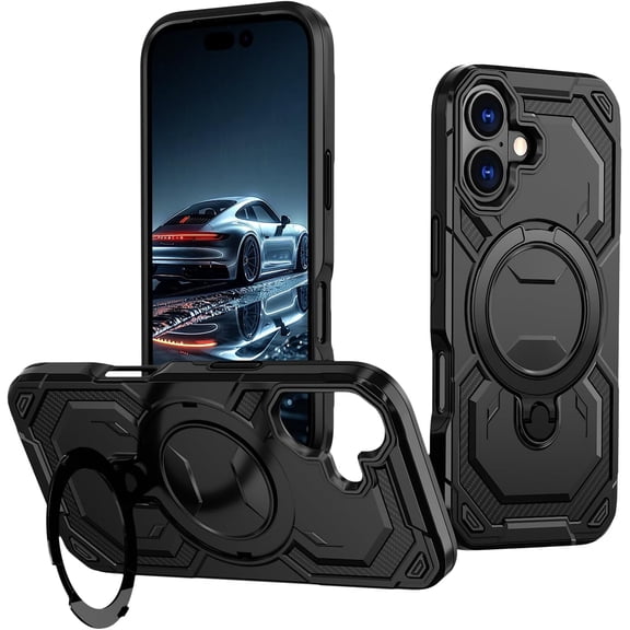 MKEUDQ-Military Grade Shell Warrior for iPhone 17 Case with Ring Stand 360Rotatable, Compatible with MagSafe, Shockproof Military Grade Protection, Magnetic Kickstand Phone Case (Frosted Black)