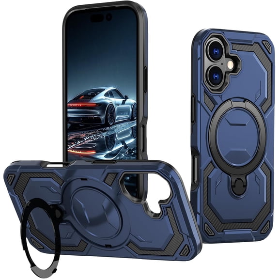 MKEUDQ-Military Grade Shell Warrior for iPhone 17 Case with Ring Stand 360Rotatable, Compatible with MagSafe, Shockproof Military Grade Protection, Magnetic Kickstand Phone Case (Frosted Blue)