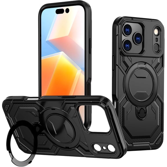 MKEUDQ-Military Grade Shell Warrior for iPhone 17 Pro Case with Ring Stand 360Rotatable, Compatible with MagSafe, Shockproof Military Grade Protection, Magnetic Kickstand Phone Case (Frosted Black)