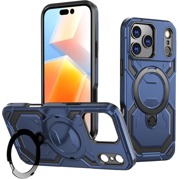 MKEUDQ-Military Grade Shell Warrior for iPhone 17 Pro Max Case with Ring Stand 360Rotatable, Compatible with MagSafe, Shockproof Military Grade Protection, Magnetic Kickstand Phone Case (Frosted Blu