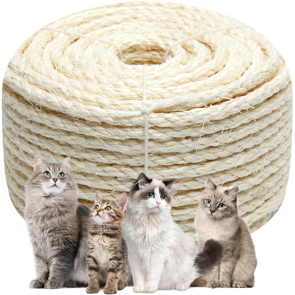 MKEUDQ-Natural Sisal Rope 1/4 Inch 6mm 98-Feet for Cat Scratching Post Tree Tower Replacement Repair and Replace, DIY Hemp Twine Rope for Cat Scratching Furniture Window Perch and Crafts Gardening
