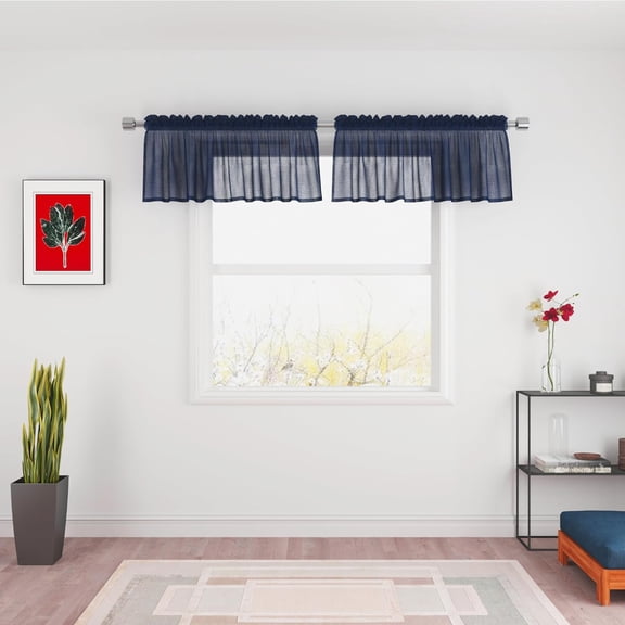 MKEUDQ-Navy Blue Sheer Tier Curtains 16 inches Long Voile Kitchen Tiers Linen Textured Cafe Curtains Bathroom Basement Short Small Curtain Panels for Door Half Window Curtains 2 Panels Rod Pocket