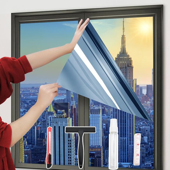 MKEUDQ-One-Way Window Privacy Film with 4 Tools,Static Cling and Easy to Install, Window Tint for Home, Heat Control, UV and Light Blocking, Privacy Protection-Blue-Silver 17.5"x78.7"