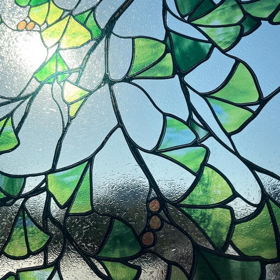 MKEUDQ-Original Hand Drawn Stained Glass Window Film, Privacy Textured Glass Static Cling Film for Bathroom,Kitchen Bay Window,Glass Front Door,Green Gingko 11.81"X39.37"