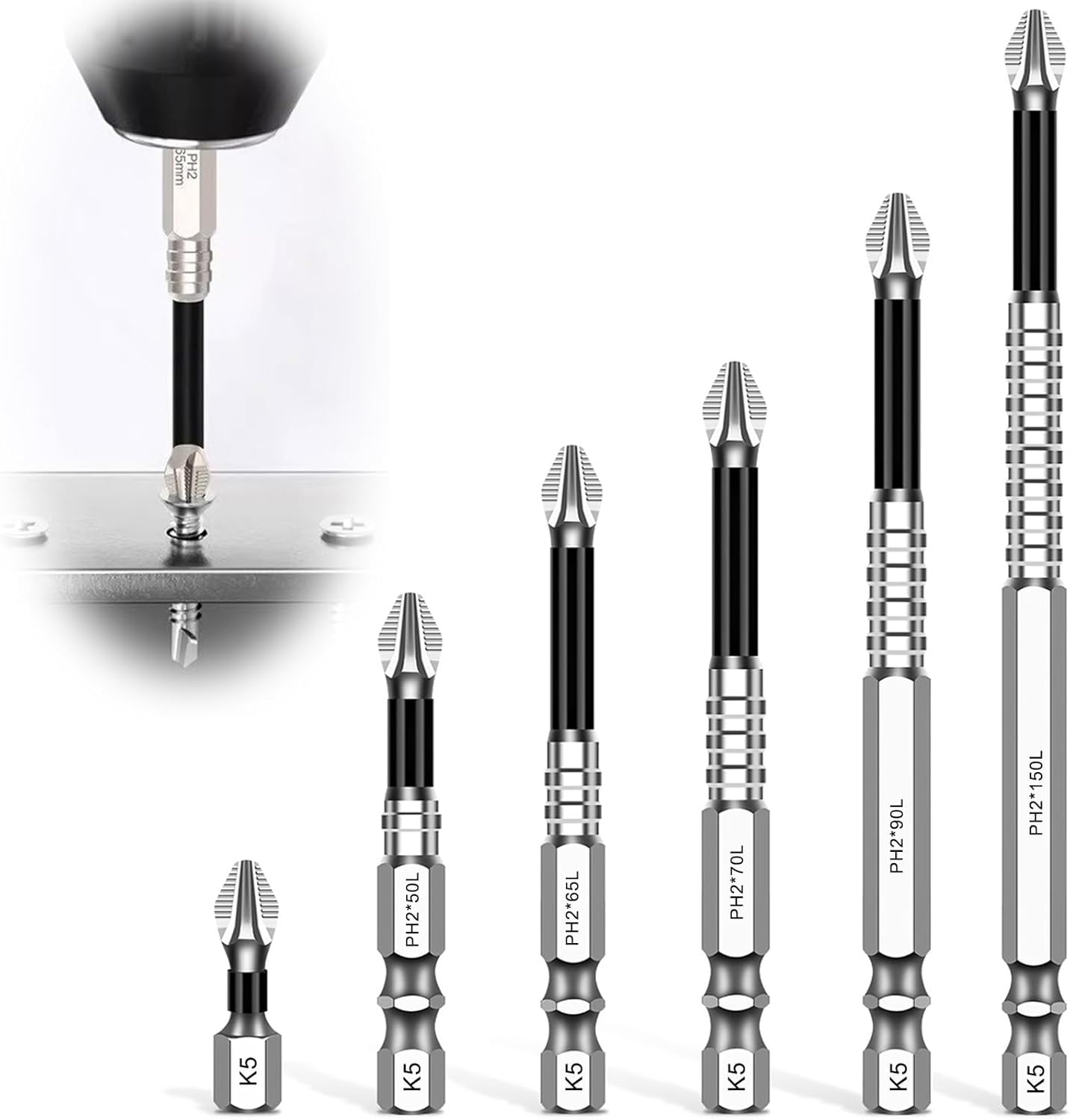 MKEUDQ-PH2 Phillips Bits Set High Magnetic Cross Head Drill Bit Phillips Screwdriver Drill Bit Set Anti-Slip Alloy Steel 1/4 Hex Shank Impact Bits 6 Pack