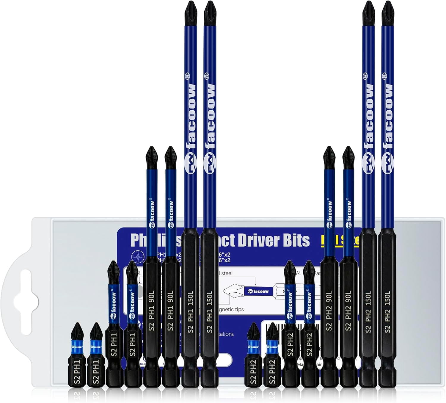 MKEUDQ-Phillips Impact Driver Bits, #2&1 Phillips Head Magnetic Screwdriver Bits Set, 1\u201d-6\u201c S2 Steel Impact Bits, 1/4" Hex Shank Screwdriver Drill Bit, CNC Machined ph2 Impact Drill Bits, 1
