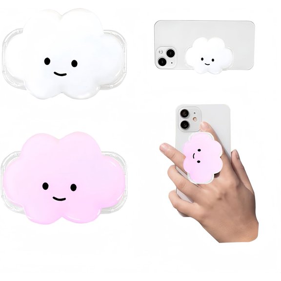 MKEUDQ-Phone Grip Cute 2D Cloud Shape Collapsible Expandable, Smartphone Tablet Cell Phone Grip Stand Holder, 2 Pack (White+Pink)