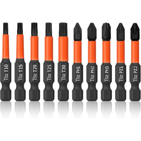 MKEUDQ-Pro Screwdriver Bit Set - 10 Piece (Torx T10/T15/T20/T25/T30, Phillips PH1/PH2/PH3, Pozi PZ1/PZ2), 50mm, 1/4" Hex Shaft, Storage Box