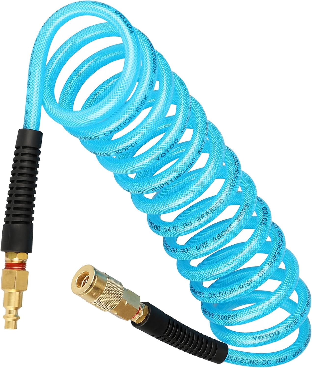 MKEUDQ-Reinforced Polyurethane Recoil Air Hose 1/4" Inner Diameter by 10' Long, Heavy Duty, Flexible Air Compressor Hose with Bend Restrictor, 1/4" Swivel Industrial Quick Coupler and Plug, Blue