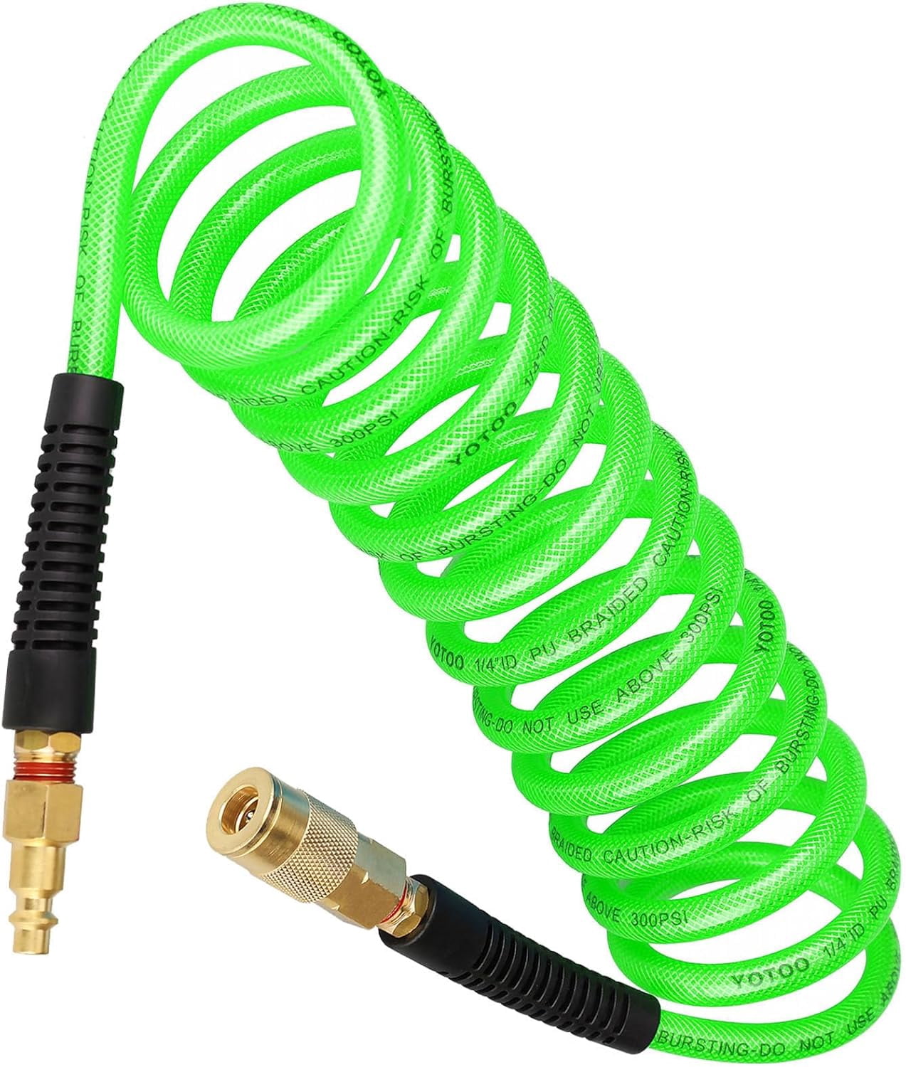 MKEUDQ-Reinforced Polyurethane Recoil Air Hose 1/4" Inner Diameter by 10' Long, Heavy Duty, Flexible Air Compressor Hose with Bend Restrictor, 1/4" Swivel Industrial Quick Coupler and Plug, Green
