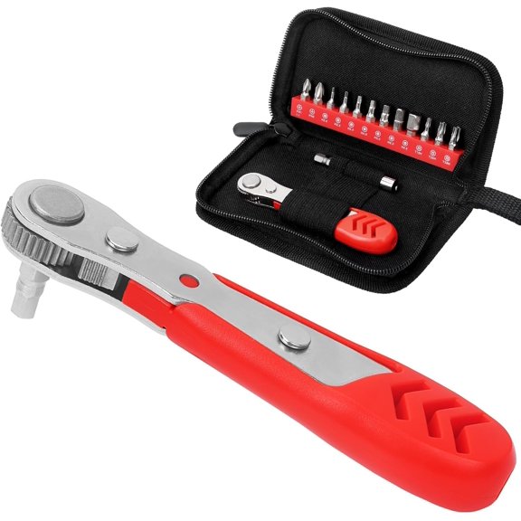 MKEUDQ-Right Angle Screwdriver 14 Piece Mini Ratchet Set, Offset Screwdriver Low Profile Ratchet Screwdriver Set with 1/4 Ratchet, Hex, Phillips, and Torx, EDC Bit Driver for Tight Spaces, Bike