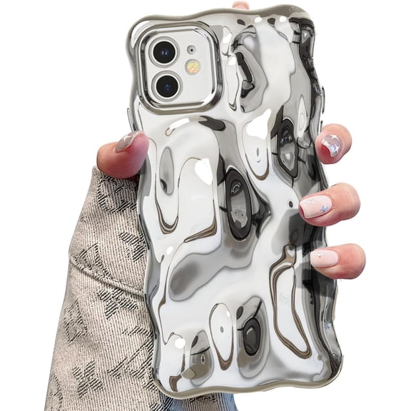 MKEUDQ-Ripple Case for iPhone 11, Cute Silver Cover Wave Shape for iPhone Case Pretty Aesthetic 3D Phone Cover, Water Ripple Shell 3D Chrome Design for Women and Girl, Silver