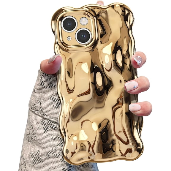 MKEUDQ-Ripple Case for iPhone 14, Cute Silver Cover Wave Shape for iPhone Case Pretty Aesthetic 3D Phone Cover, Water Ripple Shell 3D Chrome Design for Women and Girl, Gold