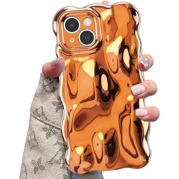 MKEUDQ-Ripple Case for iPhone 14, Cute Silver Cover Wave Shape for iPhone Case Pretty Aesthetic 3D Phone Cover, Water Ripple Shell 3D Chrome Design for Women and Girl, Silver Orange