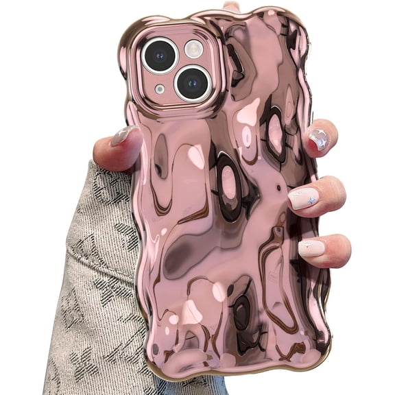 MKEUDQ-Ripple Case for iPhone 15, Cute Silver Cover Wave Shape for iPhone Case Pretty Aesthetic 3D Phone Cover, Water Ripple Shell 3D Chrome Design for Women and Girl, Rose Gold