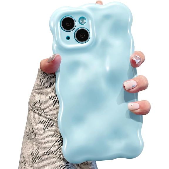 MKEUDQ-Ripple Case for iPhone 15, Cute Silver Cover Wave Shape for iPhone Case Pretty Aesthetic 3D Phone Cover, Water Ripple Shell 3D Chrome Design for Women and Girl, Blue