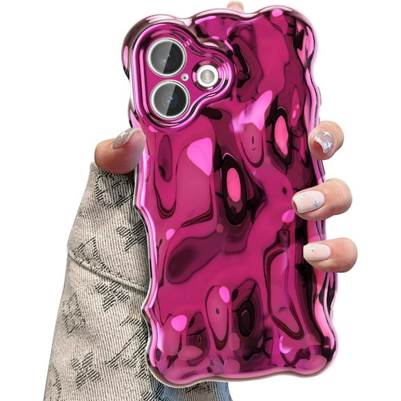 MKEUDQ-Ripple Case for iPhone 16, Cute Silver Cover Wave Shape for iPhone Case Pretty Aesthetic 3D Phone Cover, Water Ripple Shell 3D Chrome Design for Women and Girl, Silver Hot Pink