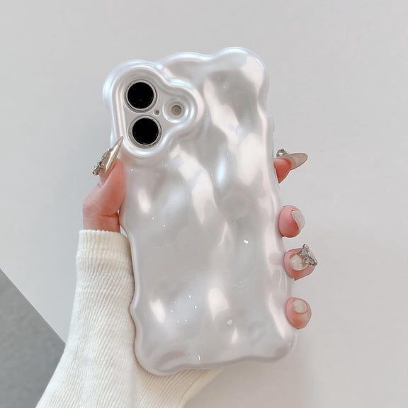 MKEUDQ-Ripple Case for iPhone 16, Cute Silver Cover Wave Shape for iPhone Case Pretty Aesthetic 3D Phone Cover, Water Ripple Shell 3D Chrome Design for Women and Girl, Pearl White
