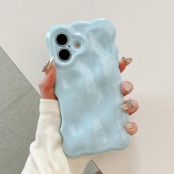 MKEUDQ-Ripple Case for iPhone 16, Cute Silver Cover Wave Shape for iPhone Case Pretty Aesthetic 3D Phone Cover, Water Ripple Shell 3D Chrome Design for Women and Girl, Blue