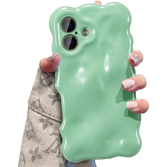 MKEUDQ-Ripple Case for iPhone 16, Cute Silver Cover Wave Shape for iPhone Case Pretty Aesthetic 3D Phone Cover, Water Ripple Shell 3D Chrome Design for Women and Girl, Green