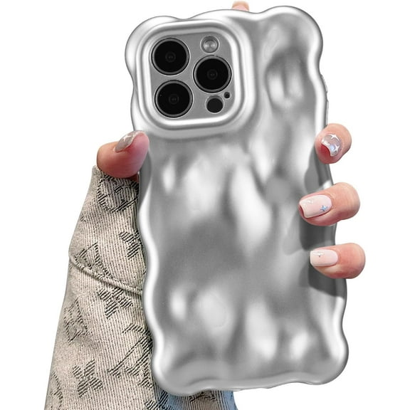 MKEUDQ-Ripple Case for iPhone 16 Plus, Cute Silver Cover Wave Shape for iPhone Case Pretty Aesthetic 3D Phone Cover, Water Ripple Shell 3D Chrome Design for Women and Girl, Matte Sliver