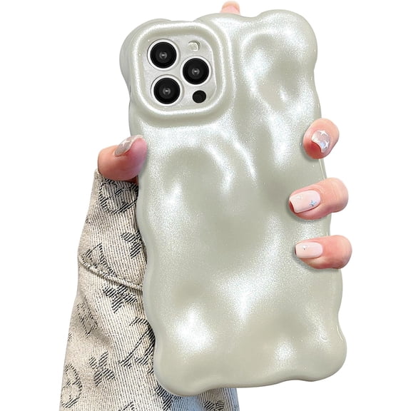 MKEUDQ-Ripple Case for iPhone 16 Pro, Cute Silver Cover Wave Shape for iPhone Case Pretty Aesthetic 3D Phone Cover, Water Ripple Shell 3D Chrome Design for Women and Girl, Pearl White