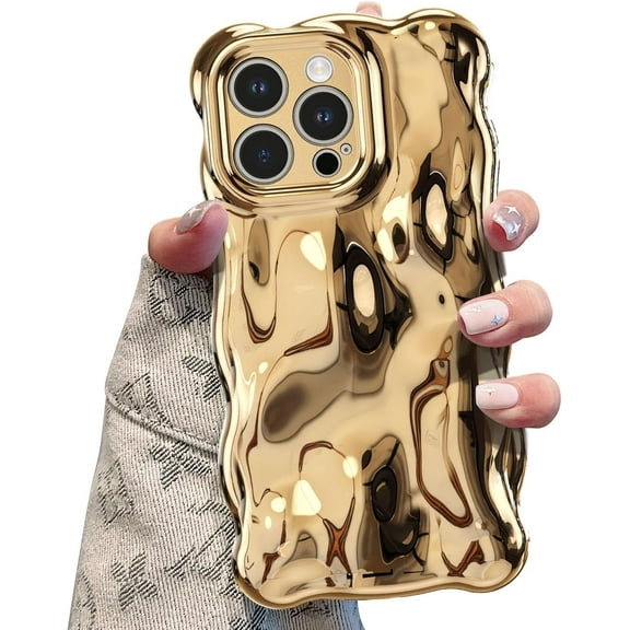 MKEUDQ-Ripple Case for iPhone 16 Pro, Cute Silver Cover Wave Shape for iPhone Case Pretty Aesthetic 3D Phone Cover, Water Ripple Shell 3D Chrome Design for Women and Girl, Gold