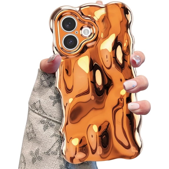 MKEUDQ-Ripple Case for iPhone 17, Cute Silver Cover Wave Shape for iPhone Case Pretty Aesthetic 3D Phone Cover, Water Ripple Shell 3D Chrome Design for Women and Girl, Silver Orange