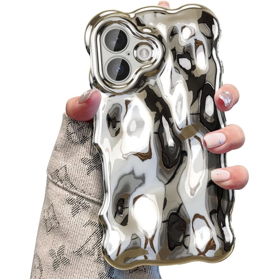 MKEUDQ-Ripple Case for iPhone 17, Cute Silver Cover Wave Shape for iPhone Case Pretty Aesthetic 3D Phone Cover, Water Ripple Shell 3D Chrome Design for Women and Girl, Silver