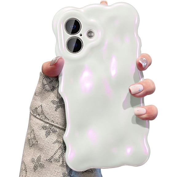 MKEUDQ-Ripple Case for iPhone 17, Cute Silver Cover Wave Shape for iPhone Case Pretty Aesthetic 3D Phone Cover, Water Ripple Shell 3D Chrome Design for Women and Girl, Glitter Pink