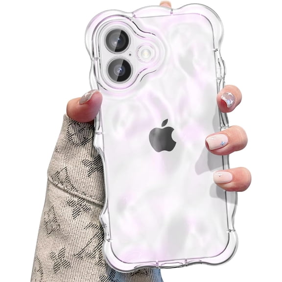 MKEUDQ-Ripple Case for iPhone 17, Cute Silver Cover Wave Shape for iPhone Case Pretty Aesthetic 3D Phone Cover, Water Ripple Shell 3D Chrome Design for Women and Girl, Clear Pink
