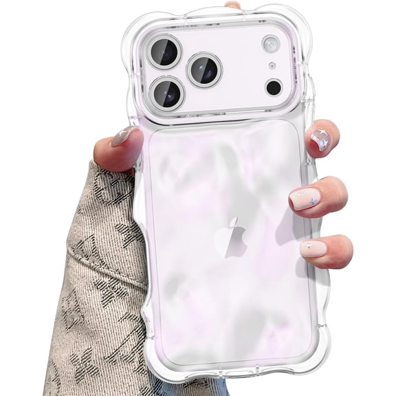 MKEUDQ-Ripple Case for iPhone 17 Pro, Cute Silver Cover Wave Shape for iPhone Case Pretty Aesthetic 3D Phone Cover, Water Ripple Shell 3D Chrome Design for Women and Girl, Clear Pink