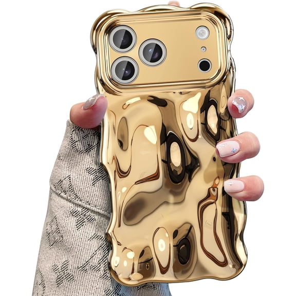 MKEUDQ-Ripple Case for iPhone 17 Pro Max, Cute Silver Cover Wave Shape for iPhone Case Pretty Aesthetic 3D Phone Cover, Water Ripple Shell 3D Chrome Design for Women and Girl, Gold