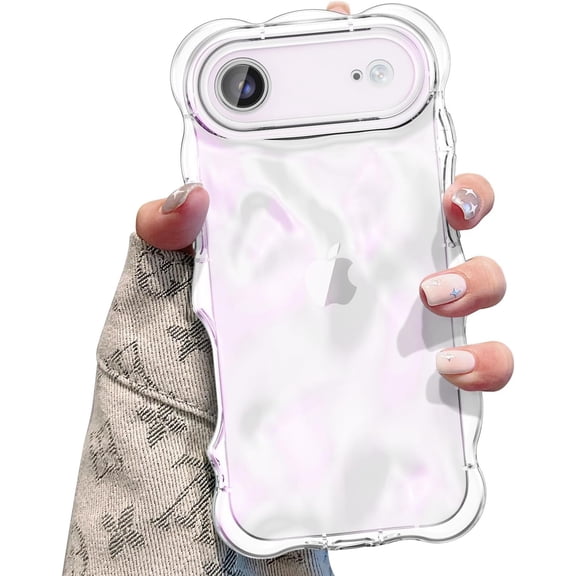 MKEUDQ-Ripple Case for iPhone Air, Cute Silver Cover Wave Shape for iPhone Case Pretty Aesthetic 3D Phone Cover, Water Ripple Shell 3D Chrome Design for Women and Girl, Clear Pink