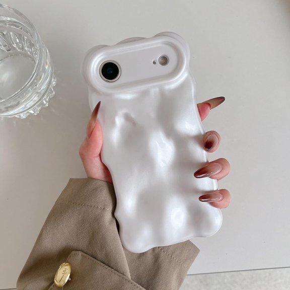 MKEUDQ-Ripple Case for iPhone Air, Cute Silver Cover Wave Shape for iPhone Case Pretty Aesthetic 3D Phone Cover, Water Ripple Shell 3D Chrome Design for Women and Girl, Pearl White