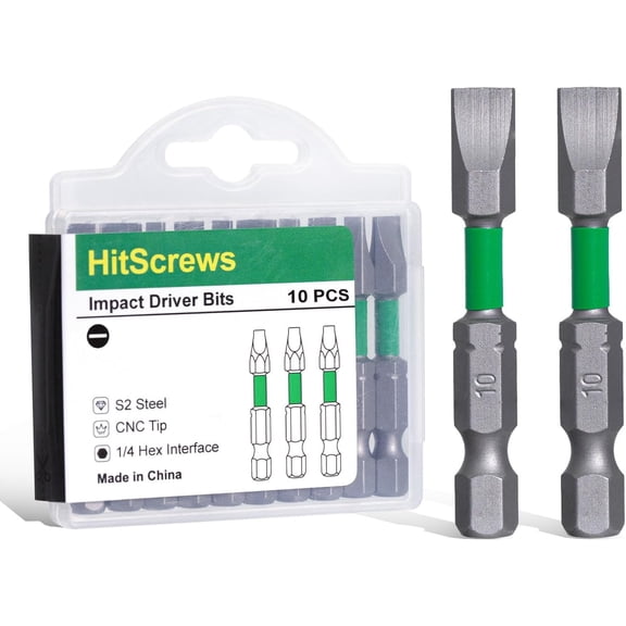 MKEUDQ-SL10 Flat Head Screwdriver Bits, 10mm Heavy-Duty Slotted Bits, Magnetic S2 Steel, 2-Inch Impact Ready, 1/4" Hex Shank for Decking, Framing, Heavy Construction & Furniture 10 Pack