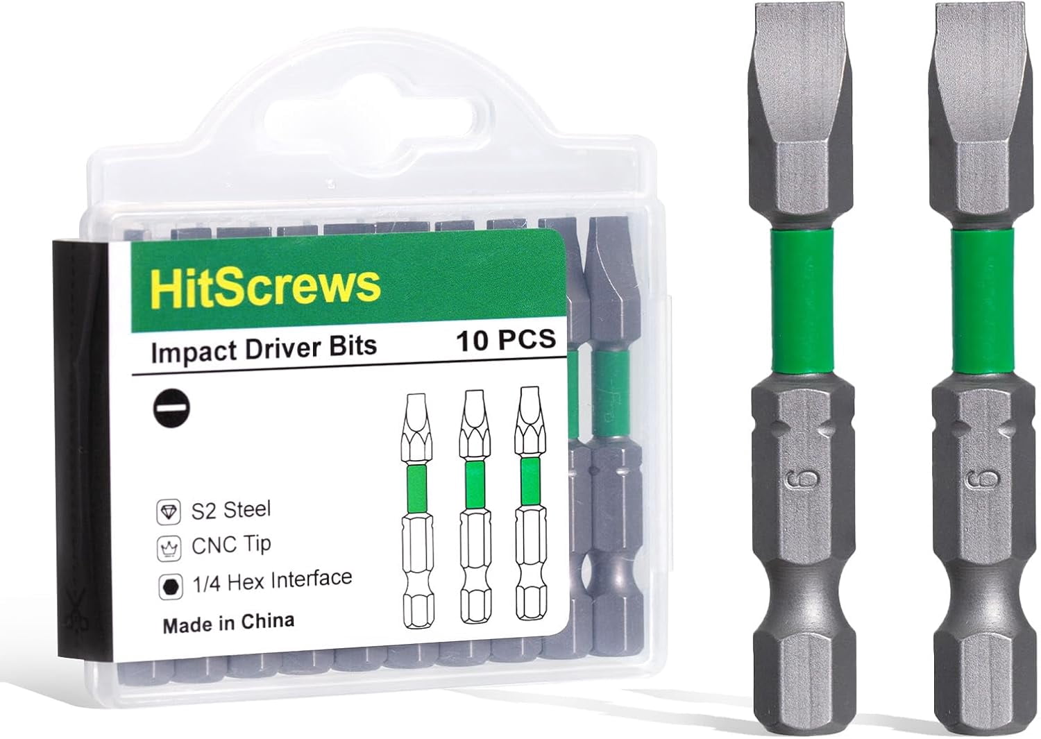 MKEUDQ-SL6 Slotted Screwdriver Bits, 2 Inch Flat Head Impact Rated Bits, High Torque Magnetic S2 Steel, 1/4" Hex Shank for Drill & Impact Driver, Flat Head Bit for Woodworking & Construction | 10-Pac