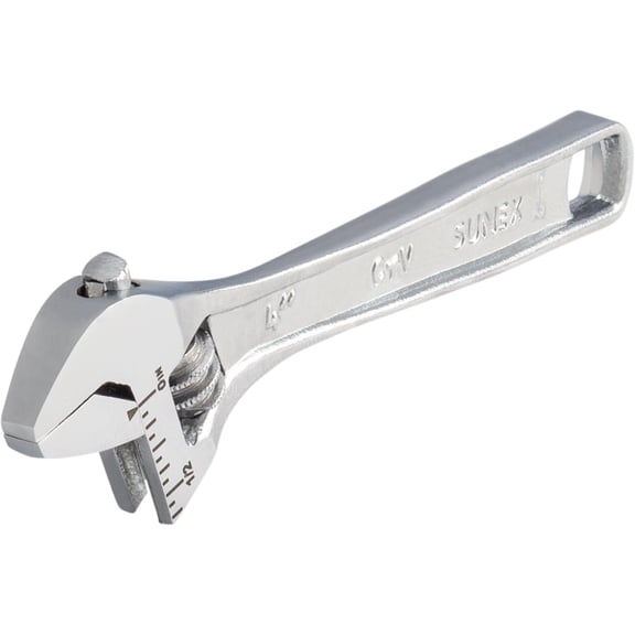 MKEUDQ-SUNEX Tools 4" Adjustable Wrench, Forged Chrome Vanadium Steel with 0.5625" Jaw Capacity, Quick-Adjust Knurl, Dual SAE & Metric Scale, Anti-Rust Coating