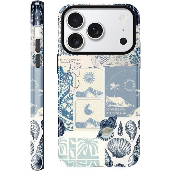 MKEUDQ-Seashell foror iPhone 17 Pro Case 6.3",Beach Blue Collage Coast Cute Summer Phone Cases for Girl Women Boy Men TPU Scratch Resistant Shockproof Cover Cases,Coastal World